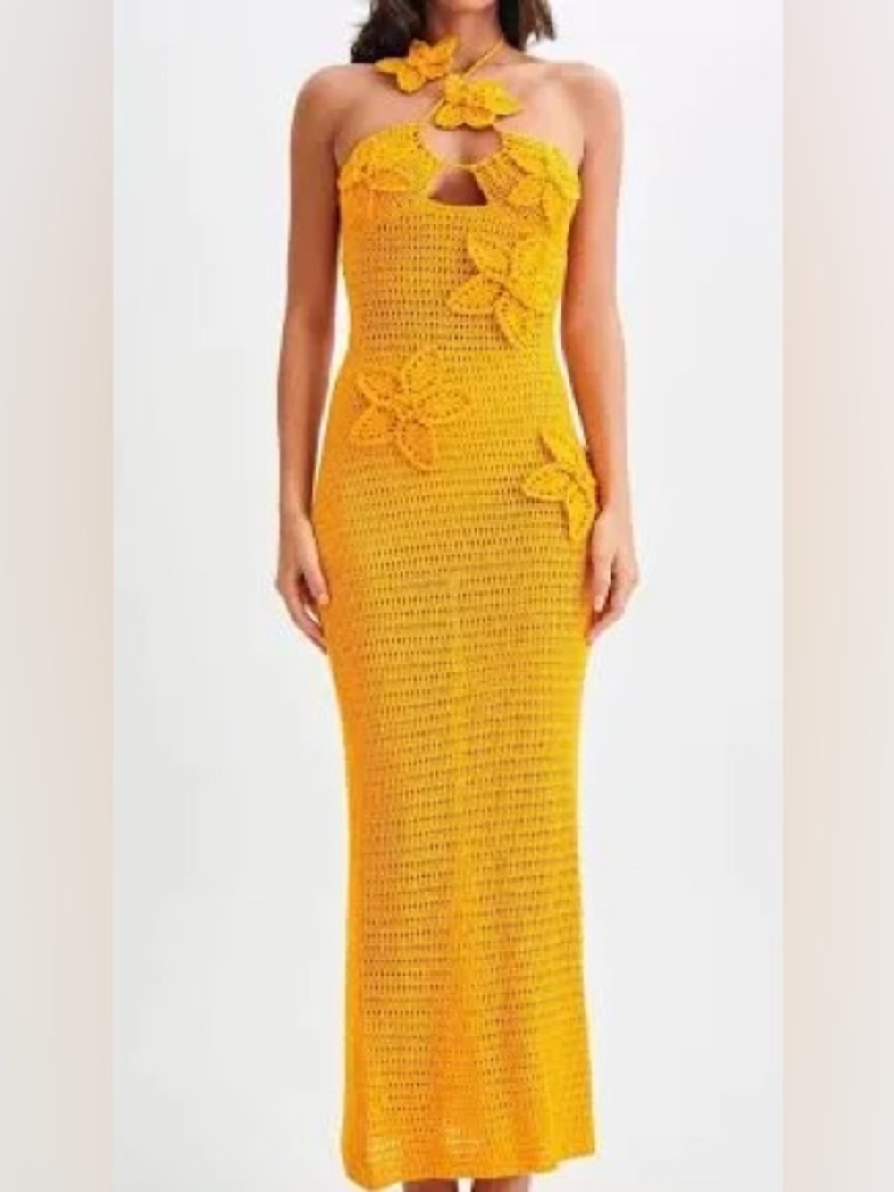 Meshki Kyla Crochet orange Halter Maxi Dress Sz small Floral Applique boho - Picture 2 of 13